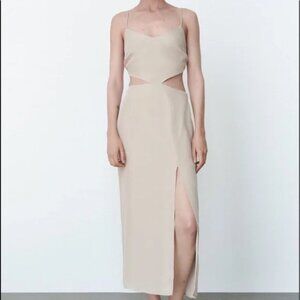 NWOT Zara CUT OUT V-neck Dress w/ Thin Straps Side Slits at Hem Beige XS